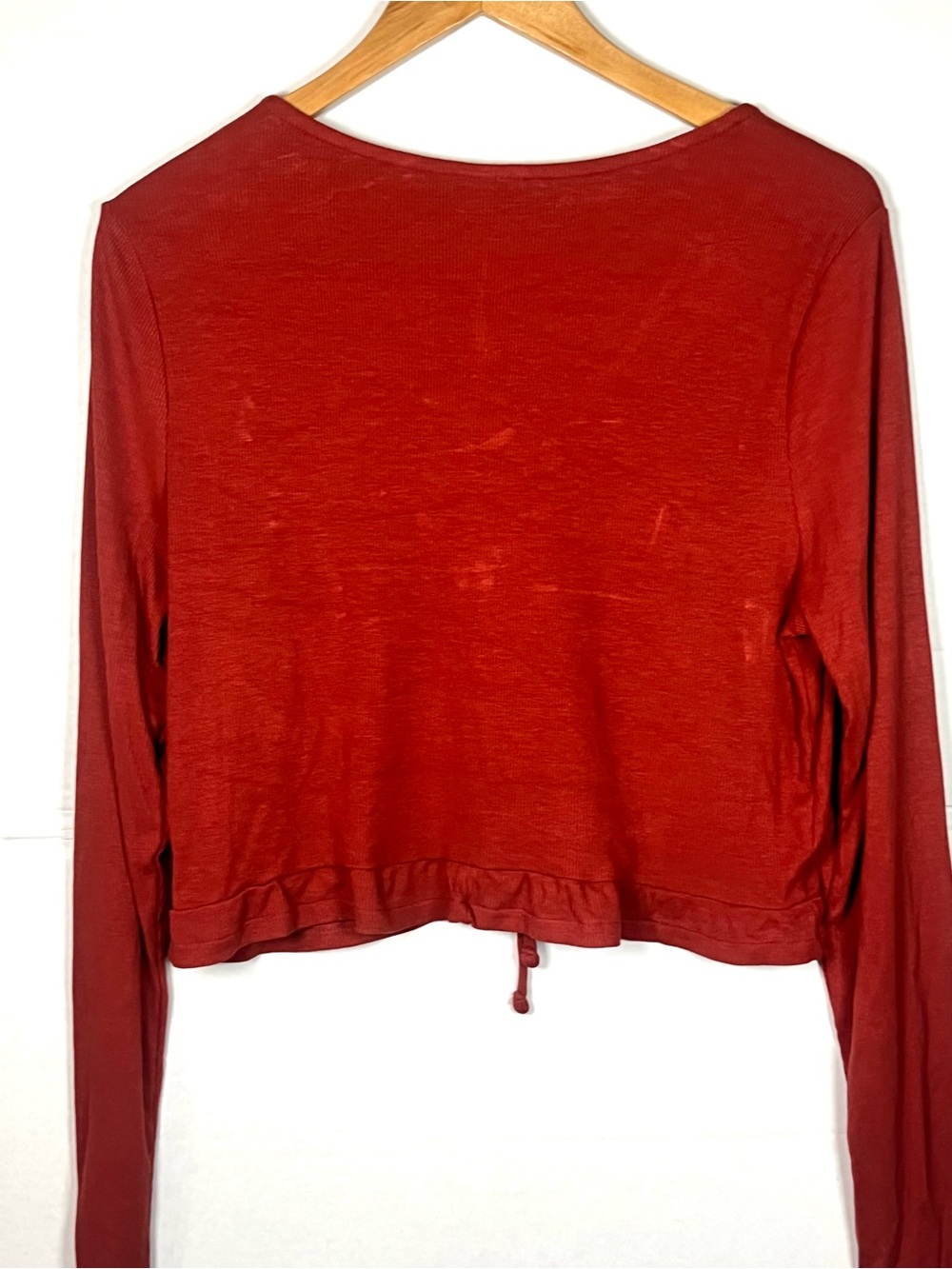 Drawstring Ruched V-Neck Long Sleeve Crop Top - Rust - Picture 4 of 8